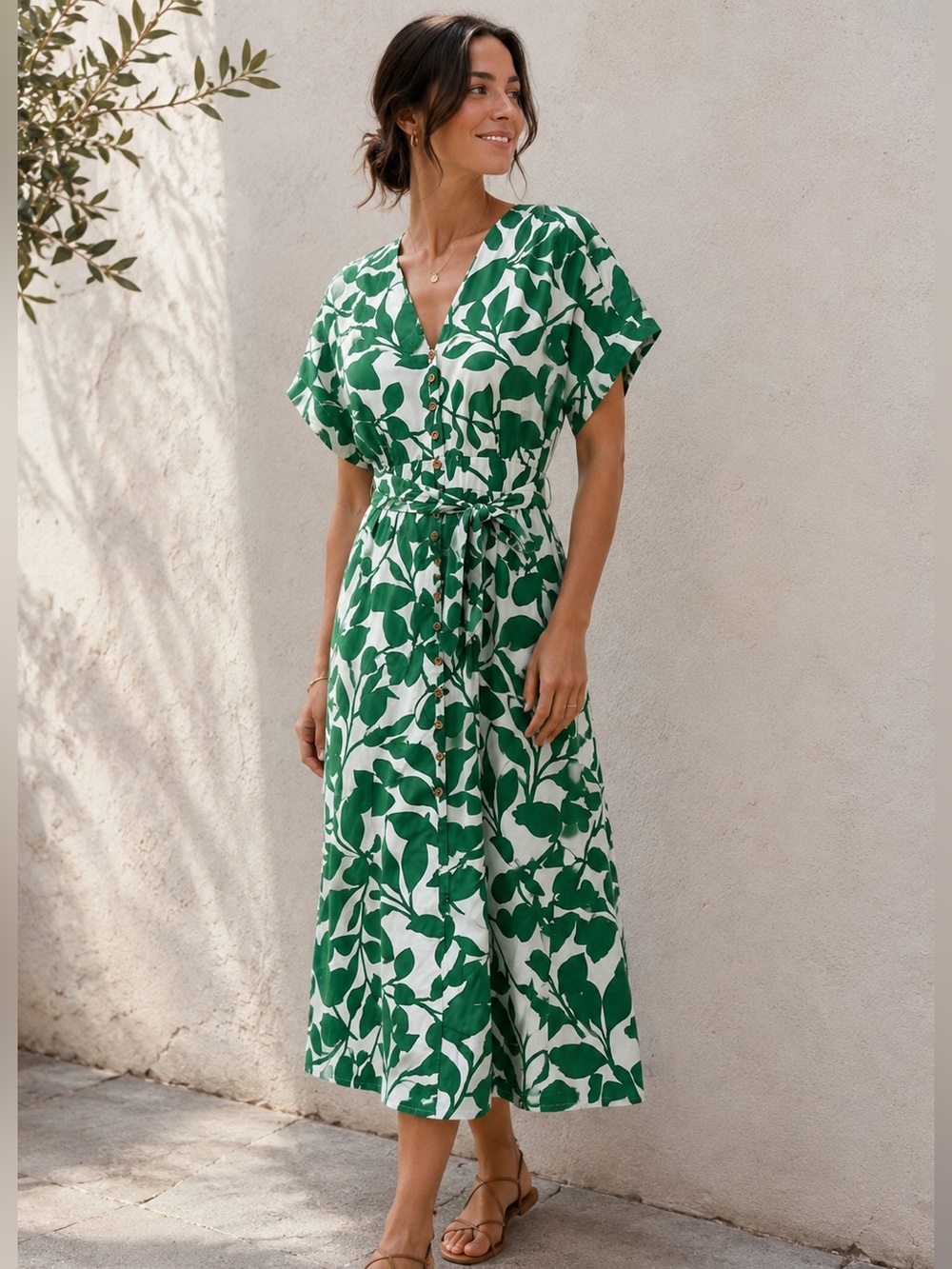 Zara Green and White Leaf Print Tie-Waist V-Neck Cotton Midi Dress Size Medium